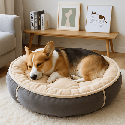 Coussin-pour-chien-chiot-anti-anxiété-rembourrage 100% coton PP et velours ultra doux antidérapant et lavable pour petit chien et chien moyen-un chien de taille moyenne couché qui dort paisiblement et confortablement dans le panier rond épais et moelleux et chaud dans le salon de la maison