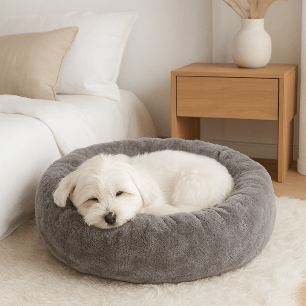 Coussin-pour-chien-chiot-chaud-lavable en machine-velours et rembourrage 100% coton haute densité ergonomique-antidérapant et imperméable-hypoallergénique-lit rond pour petit chien de 0 à 9 kg-un chien de petite taille qui dort paisiblement couché en boule dans son coussin gris épais avec rebord surélevé aux matériaux naturels dans la chambre de l'appartement