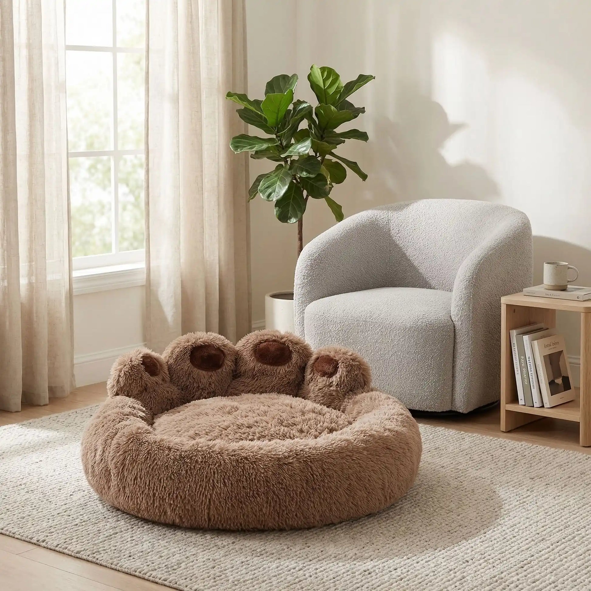 Coussin-pour-chien-chiot-ergonomique, rembourrage 100% coton haute densité, lit rond en peluche, lavable et antidérapant, design original et mignon en patte d'ours-gros plan sur le coussin marron en peluche douce et résistante avec rebord 360° entourant anti-anxiété et design de pattes pour dossier de couleur marron-disponible en S, M et L 