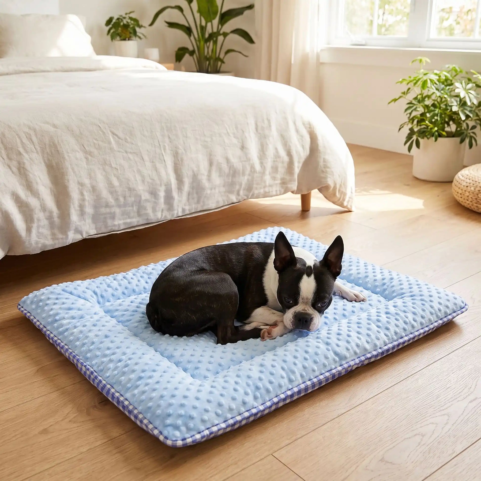 Coussin-pour-chien-chiot-rectangulaire-couchage d'appoint pour panier, niche, cage , voiture, canapé, etc-  rembourrage 100% coton haute densité ergonomique, réversible face été 100% coton respirant avec carreaux vichy et face hiver en velours, lavable en machine, disponible en 3 tailles pour chiot et chien de petite à moyenne taille de 0 à 15 kg-un chien race moyenne qui dort en boule paisiblement sur son coussin côté hiver en velours gris sur le sol en parquet eu pied du lit de ses maitres dans la chambre