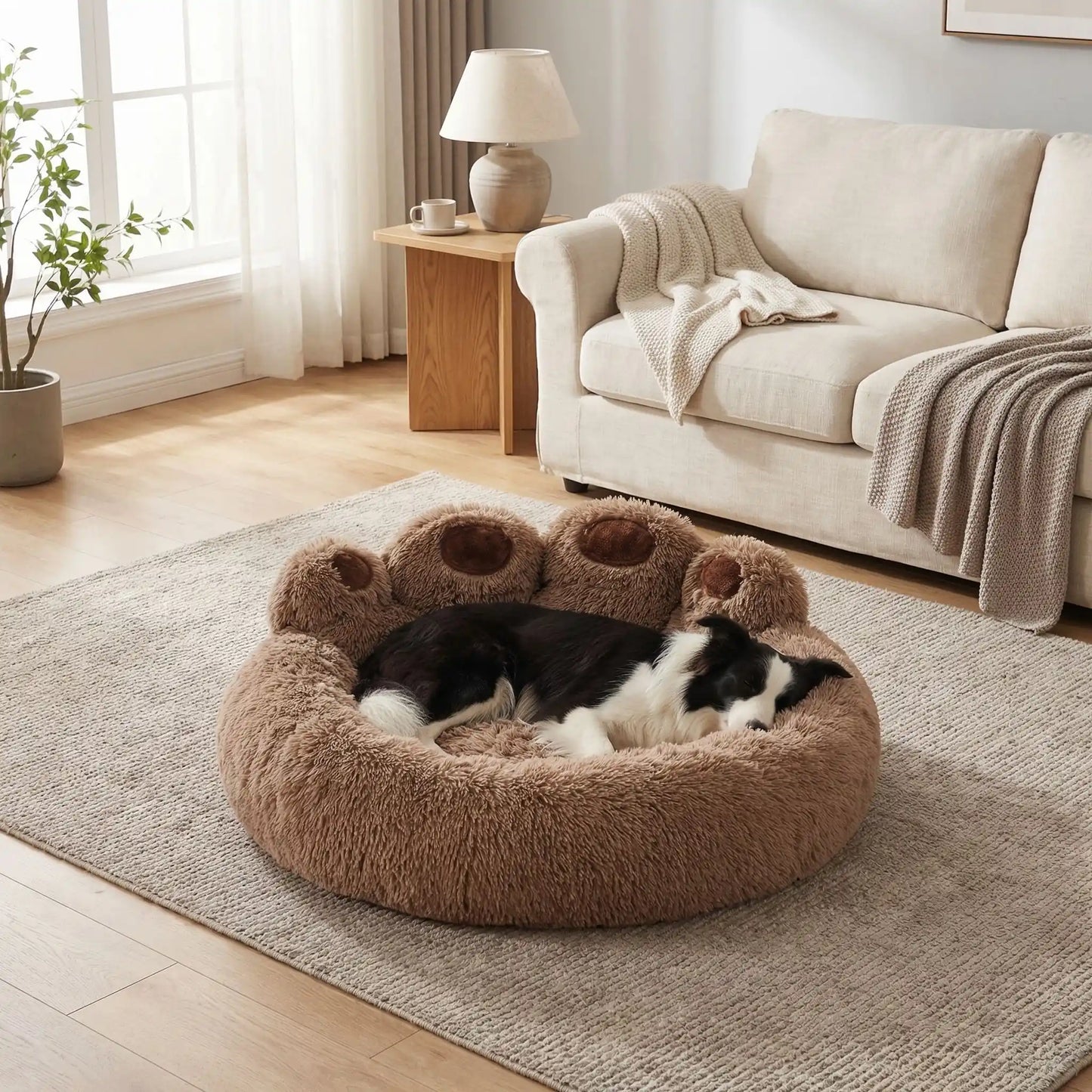 Coussin-pour-chien-chiot-ergonomique, rembourrage 100% coton haute densité, lit rond en peluche, lavable et antidérapant, design original et mignon en patte d'ours-un Border collie qui dort paisiblement niché sur le flanc dans le coussin moelleux entouré par le rebord surélevé en forme cylindrique épais, sa tête reposant sur le rebord dans le salon de l'appartement
