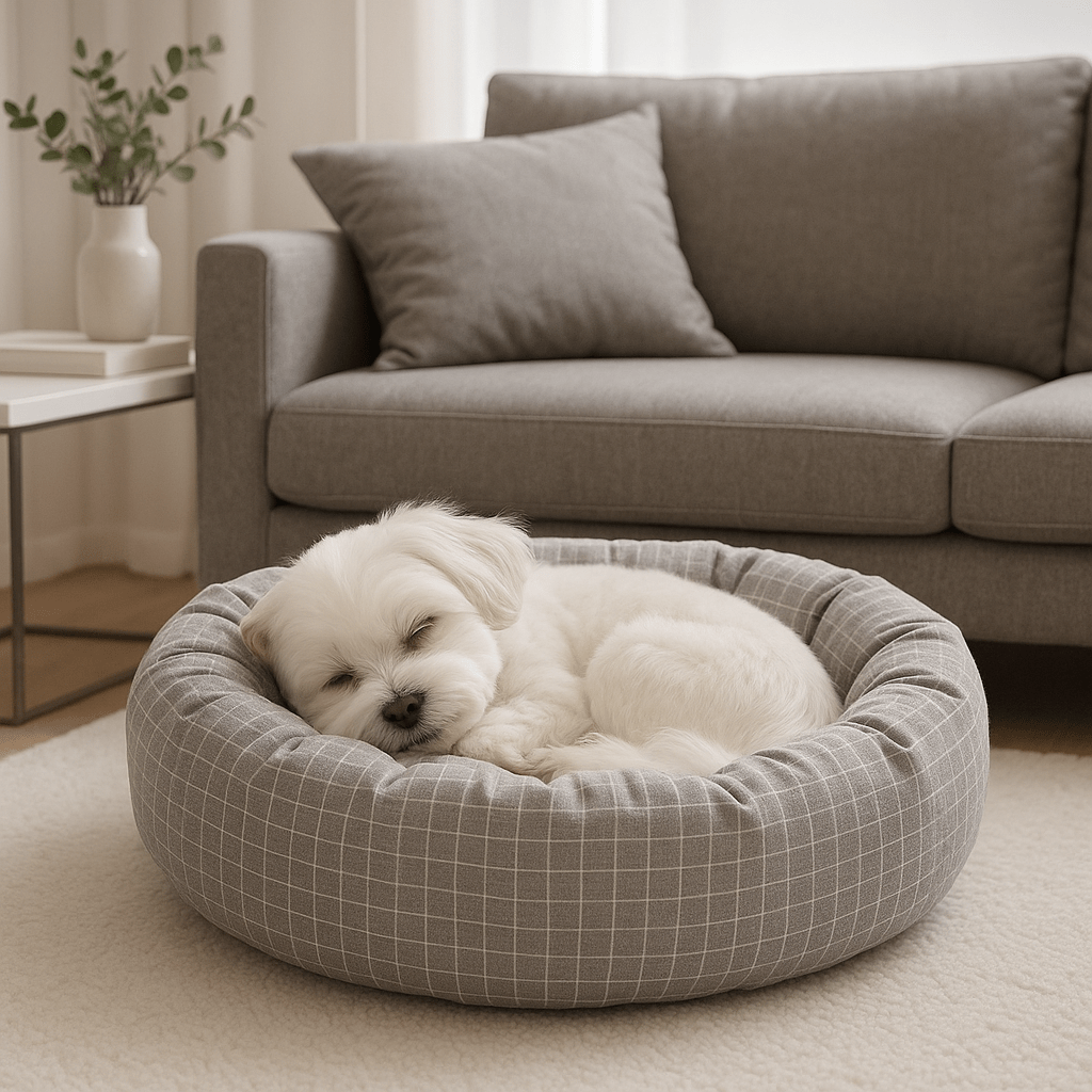 Coussin-pour-chien-avec-rebord 360° protecteur anti-stress-rond et rembourré 100% coton haute densité-housse en coton écologique et respirant-pour chien de petite à moyenne taille de 0 à 12 kg-lavable en machine-imperméable et antidérapant-carreaux graphique discret blanc-compact léger et transportable-un petit chien blanc qui dort confortablement couché dans son lit rond donut épais dans le salon de l'appartement