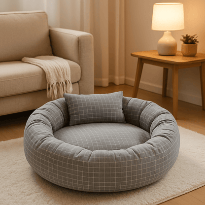 Coussin-pour-chien-avec-rebord 360° protecteur anti-stress-rond et rembourré 100% coton haute densité-housse en coton écologique et respirant-pour chien de petite à moyenne taille de 0 à 12 kg-lavable en machine-imperméable et antidérapant-de couleur gris avec carreaux graphique discret blanc-compact léger et transportable