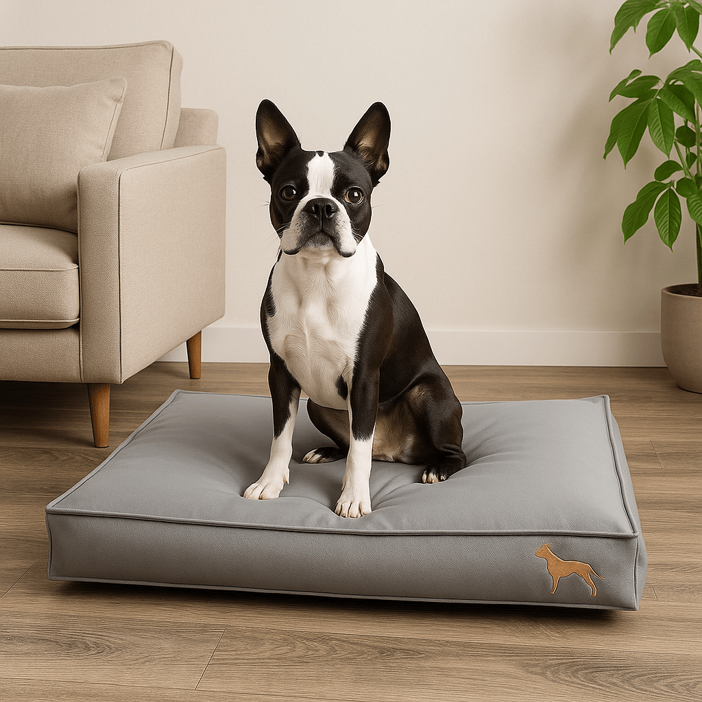 Coussin-pour-chien-imperméable-antidérapant-déhoussable-lavable-antidérapant-un chien de taille moyenne assit fièrement sur son lit en simili cuir gris avec matelas déhoussable 100% coton haute densité lavable antidérapant dans le salon de l'appartement