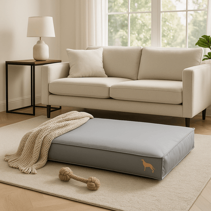 Coussin-pour-chien-imperméable-gris-déhoussable épais avec matelas 100% coton PP ergonomique et housse en simili cuir ultra-résistante avec technologie anti-affaissement pour petit et moyen chien