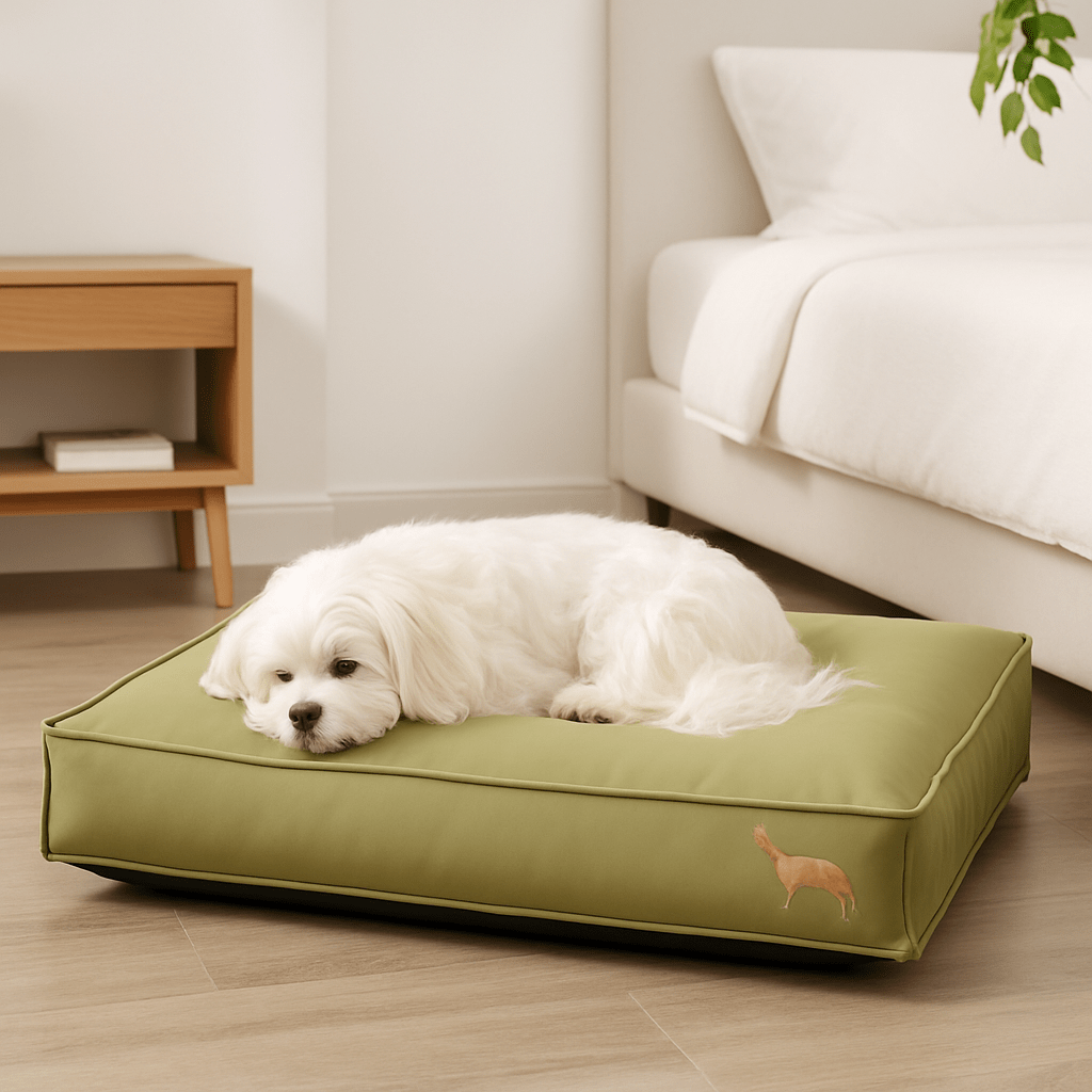 Coussin-pour-chien-imperméable-lavable-un chien de petite taille couché sur son matelas déhoussable en simili cuir vert et matelas intérieur rembourré 100% coton haute densité lavable et antidérapant résistant aux griffes dans la chambre de la maison