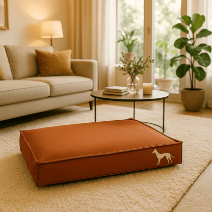 Coussin-pour-chien-imperméable-marron-avec design mignon de chien-matelas 100% coton haute densité déhoussable et lavable et housse en similcuir chic de couleur marron résistant aux griffes et anti-affaisssement