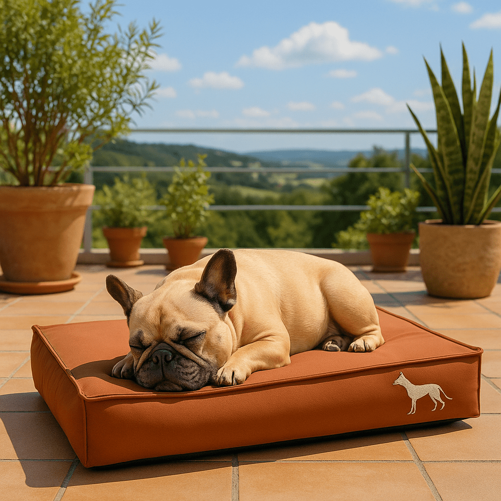 Coussin-pour-chien-imperméable-matelas-déhoussable, lavable en machine-matelas 100% coton haute résilience, écologique, hypoallergénique, antidérapant et résistant aux griffes avec housse en simili cuir et design soigné-un chien qui dort paisiblement sur son lit marron sur la terrasse de sa maison