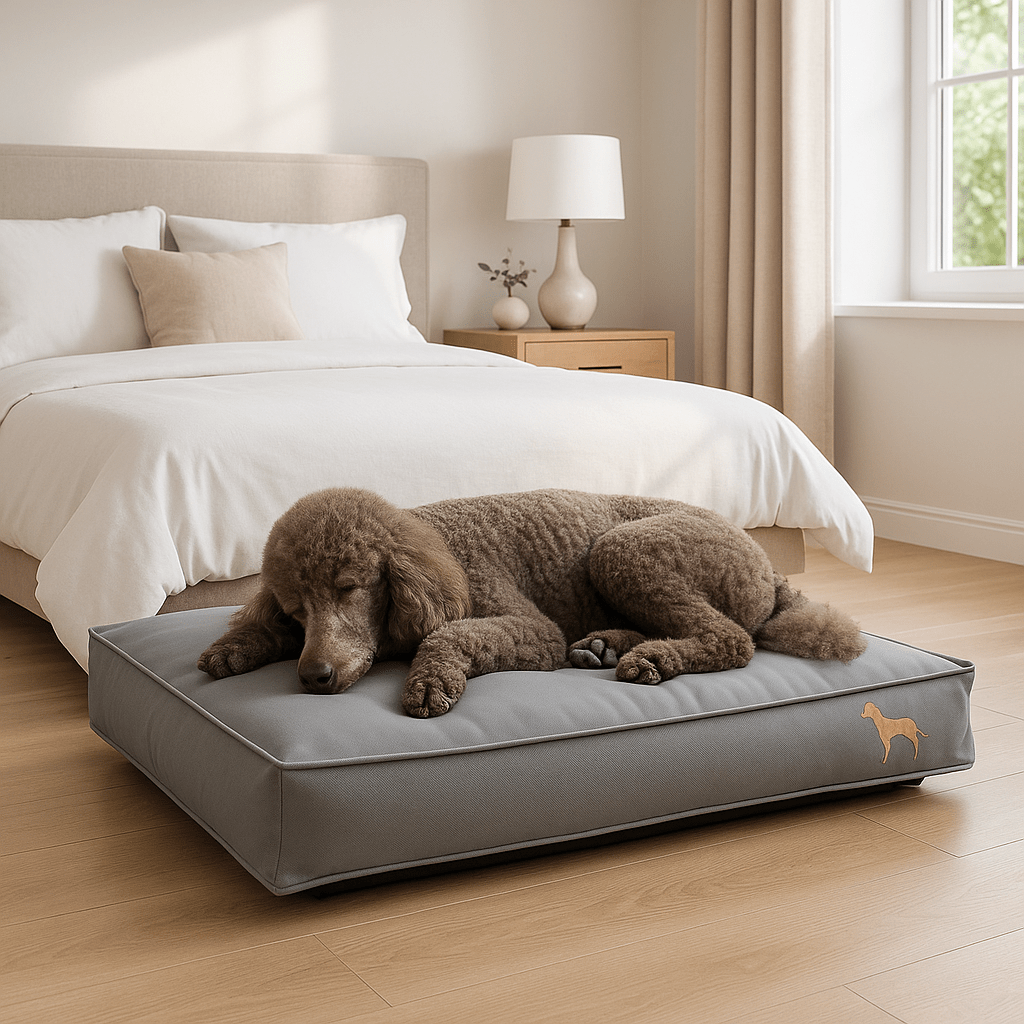 Coussin-pour-chien-imperméable-résistant-un chien frisé qui dort paisiblement sur son matelas 100% coton moelleux et respirant avec sa housse chic simili cuir résistant de couleur gris dans la chambre de l'appartement