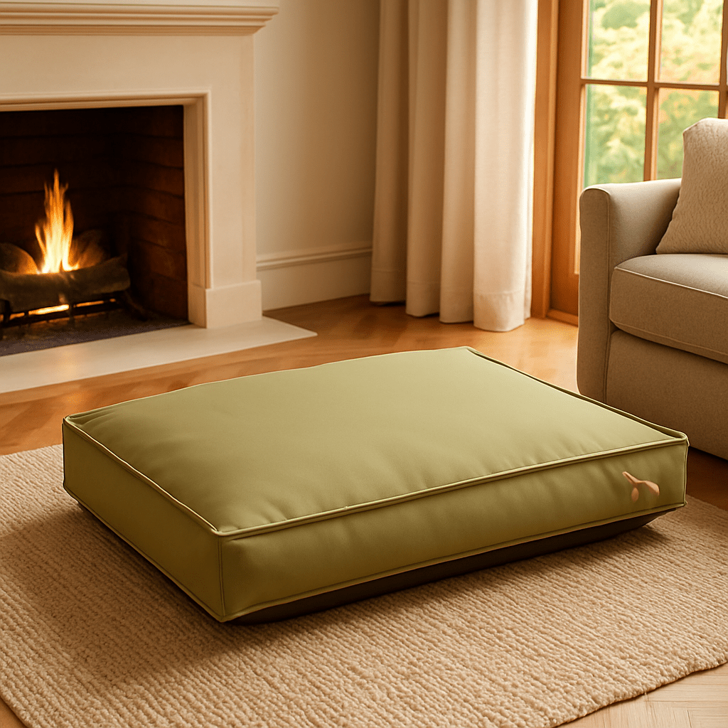 Coussin-pour-chien-imperméable-vert-déhoussable et lavable avec matelas épais 100% coton haute densité et ergonomique pour chien de petite à moyenne taille-antidérapant pour une stabilité sur tout type de sols dans le salon douillet avec cheminée de la maison
