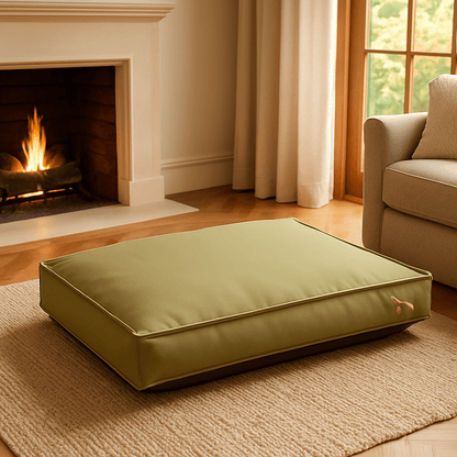 Coussin-pour-chien-imperméable-vert-déhoussable et lavable avec matelas épais 100% coton haute densité et ergonomique pour chien de petite à moyenne taille-antidérapant pour une stabilité sur tout type de sols dans le salon douillet avec cheminée de la maison