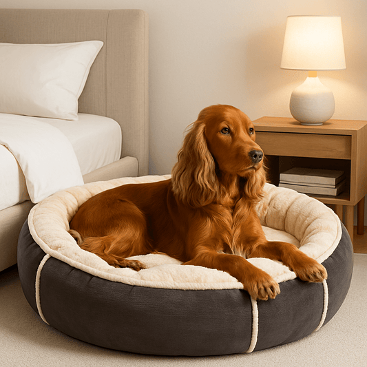 Coussin-pour-chien-lavable-douillet-antidérapant-rembourrage 100% coton PP épais et haute résilience-un chien de taille moyenne couché dans le lit rond avec rebord surélevé chaud et ergonomique dans la chambre de l'appartement 