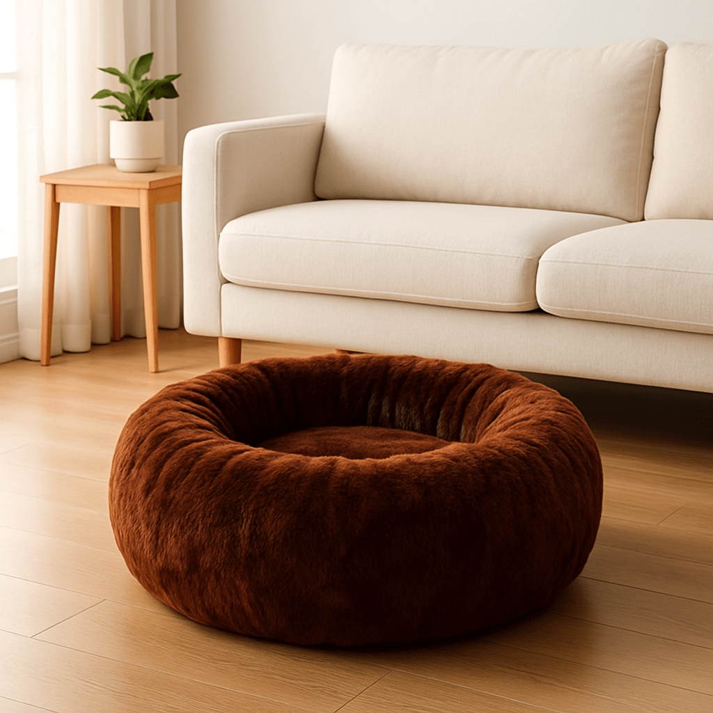 Coussin-pour-chien-chiot-chaud-lavable en machine-velours et rembourrage 100% coton haute densité ergonomique-antidérapant et imperméable-hypoallergénique-lit rond pour petit chien de 0 à 9 kg-compact-léger-avec rebord surélevé de couleur marron