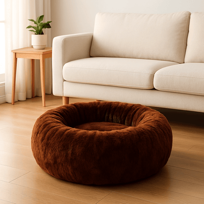 Coussin-pour-chien-chiot-chaud-lavable en machine-velours et rembourrage 100% coton haute densité ergonomique-antidérapant et imperméable-hypoallergénique-lit rond pour petit chien de 0 à 9 kg-compact-léger-avec rebord surélevé de couleur marron