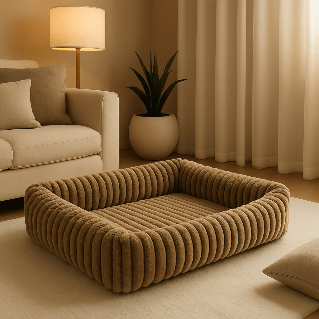 Coussin-pour-chien-anti-stress-velours-rembourrage 100% coton PP-avec rebord surélevé 360° entourant-apaisant-chaud-moelleux-ergonomique-déhoussable et lavable en machine-fond imperméable et antidérapant pour chien de petite à moyenne taille de 0 à 25 kg-un lit en forme de panier rectangulaire ultra-doux hypoallergénique et écoresponsable dans le salon de l'appartement