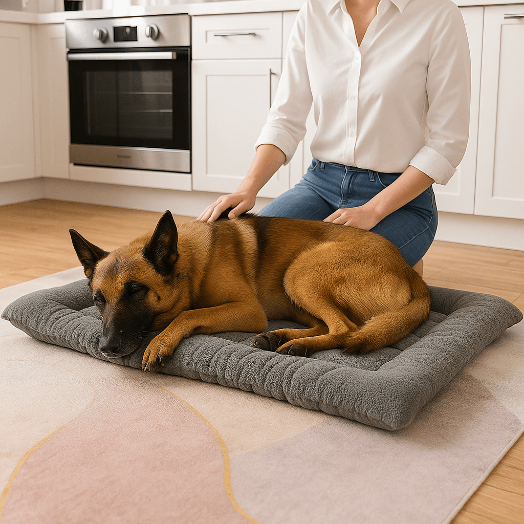 Coussin-pour-chien-matelas-lit-lavable en machine réversible été hiver en tissu et polaire chaud-un Berger Allemand qui s'endort sur son coussin rectangulaire gris avec les caresses de son maitre dans la cuisine de la maison