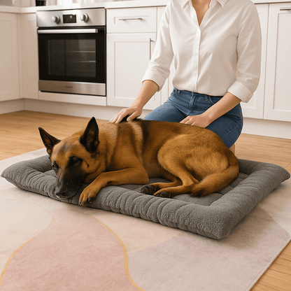 Coussin-pour-chien-matelas-lit-lavable en machine réversible été hiver en tissu et polaire chaud-un Berger Allemand qui s'endort sur son coussin rectangulaire gris avec les caresses de son maitre dans la cuisine de la maison
