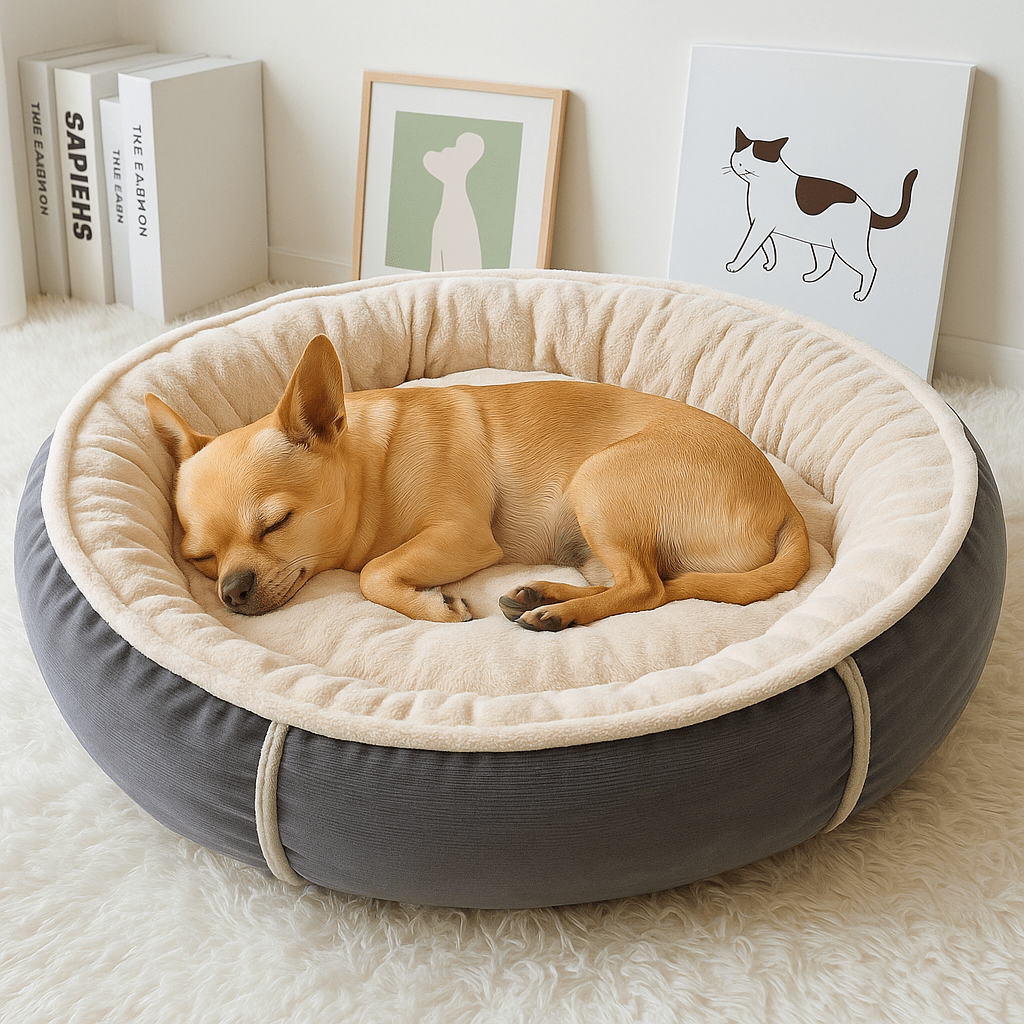 Coussin-pour-chien-panier-rond-un chien nain couché en boule dans son lit rond avec rebord au rembourrage 100% coton haute densité en peluche douillet et doux de couleur gris dans le salon de la maison