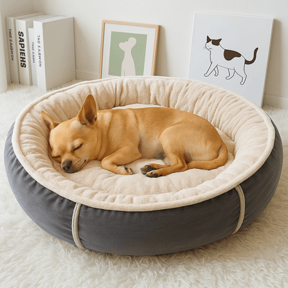 Coussin-pour-chien-panier-rond-un chien nain couché en boule dans son lit rond avec rebord au rembourrage 100% coton haute densité en peluche douillet et doux de couleur gris dans le salon de la maison