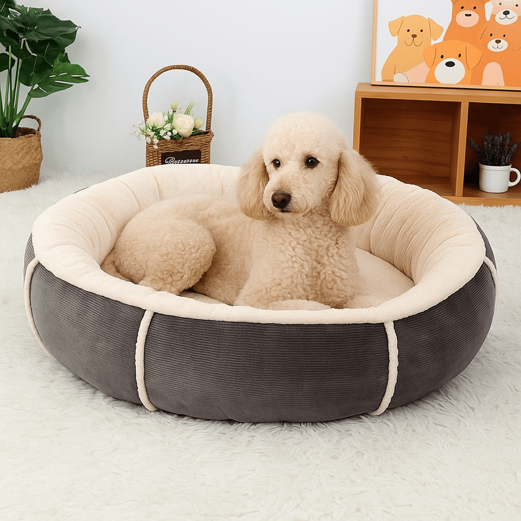 Coussin-pour-chien-peluche-chaude-rembourrage 100% coton haute densité et velours au design soigné style scandinave gris anthracite et blanc-un chien de taille moyenne taille couché confortablement dans le panier rond épais et douillet ergonomique et antidérapant dans le salon de l'appartement