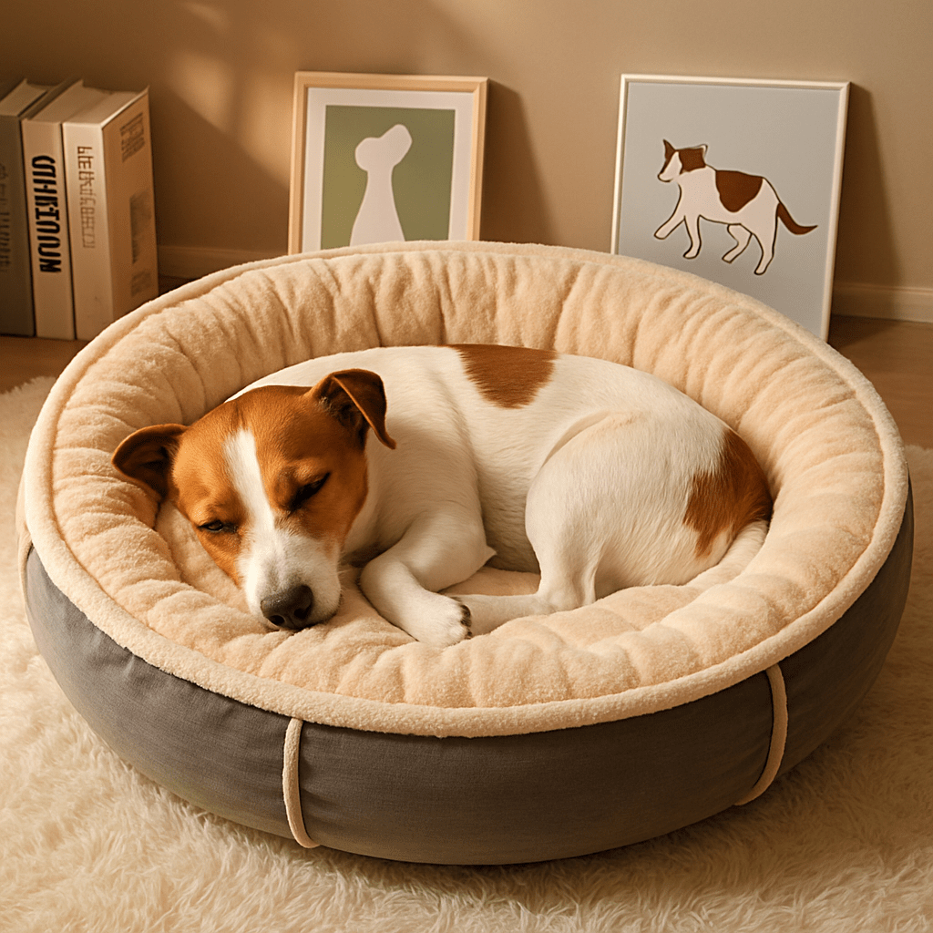 Coussin-pour-chien-peluche-velours-chaud-antidérapant rembourrage 100% coton haute densité-un chien de petite taille qui dort paisiblement niché en boule dans son panier rond douillet et ergonomique pour petit à moyen chien dans le salon de l'appartement