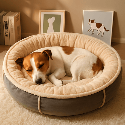 Coussin-pour-chien-peluche-velours-chaud-antidérapant rembourrage 100% coton haute densité-un chien de petite taille qui dort paisiblement niché en boule dans son panier rond douillet et ergonomique pour petit à moyen chien dans le salon de l'appartement