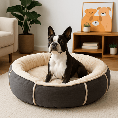 Coussin-pour-chien-peluche douce hypoallergénique avec rembourrage 100% coton avec design gris et blanc lavable et antidérapant-un chien de taille de moyenne assis dans le lit rond douillet à haute résilience ergonomique dans le salon moderne de la maison