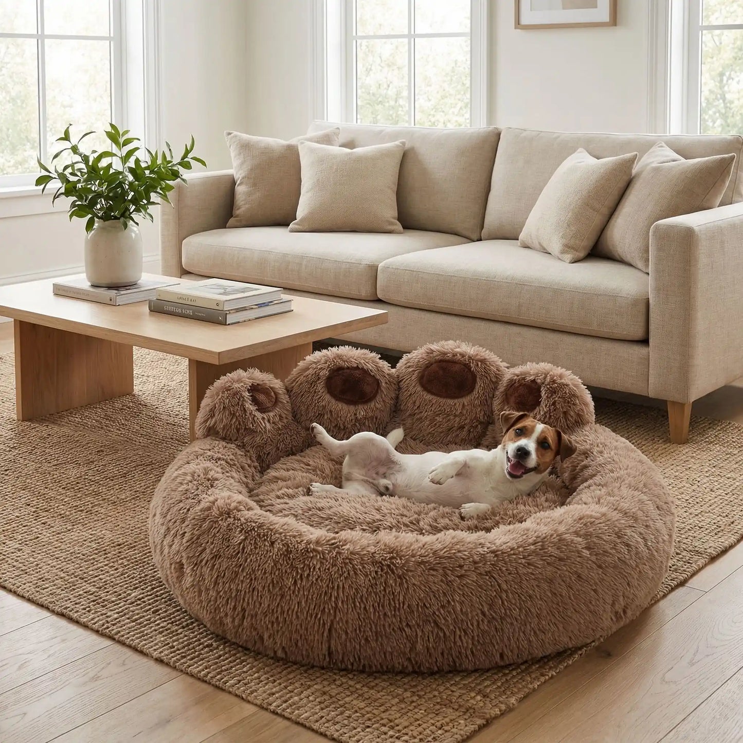 Coussin-pour-chien-chiot-ergonomique, rembourrage 100% coton haute densité, lit rond en peluche, lavable et antidérapant, design original et mignon en patte d'ours-un  Jack russell heureux confortablement couché les pattes en l'air dans son coussin douillet en forme de sofa avec dossier douillet et rebord épais et entourant dans le salon de la maison