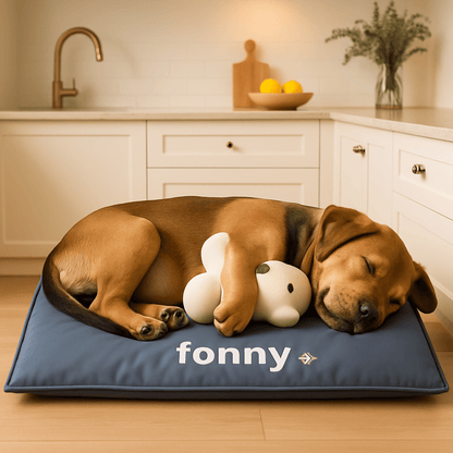 Coussin-pour-chien-personnalisé-imperméable-bleu-un chiot qui dort paisiblement avec jouet entre les pattes sur son coussin déhoussable antidérapant lavable en machine avec coussin intérieur 100% coton sur le sol de la cuisine de la maison