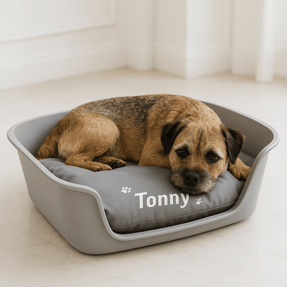 Coussin-pour-chien-personnalisé-multifonction-un Cairn terrier couché en boule sur son coussin imperméable au rembourrage 100% coton, déhoussable et lavable en machine dans son panier en plastique dans le salon de la maison