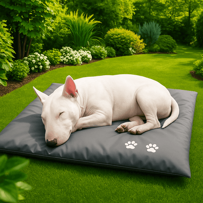 Coussin-pour-chien-personnalisable-un bull terrier miniature qui dort paisiblement sur son coussin imperméable gris avec son prénom imprimé sur le tapis antidérpant avec coussin intérieur rembourré 100% coton dans le jardin de la maison