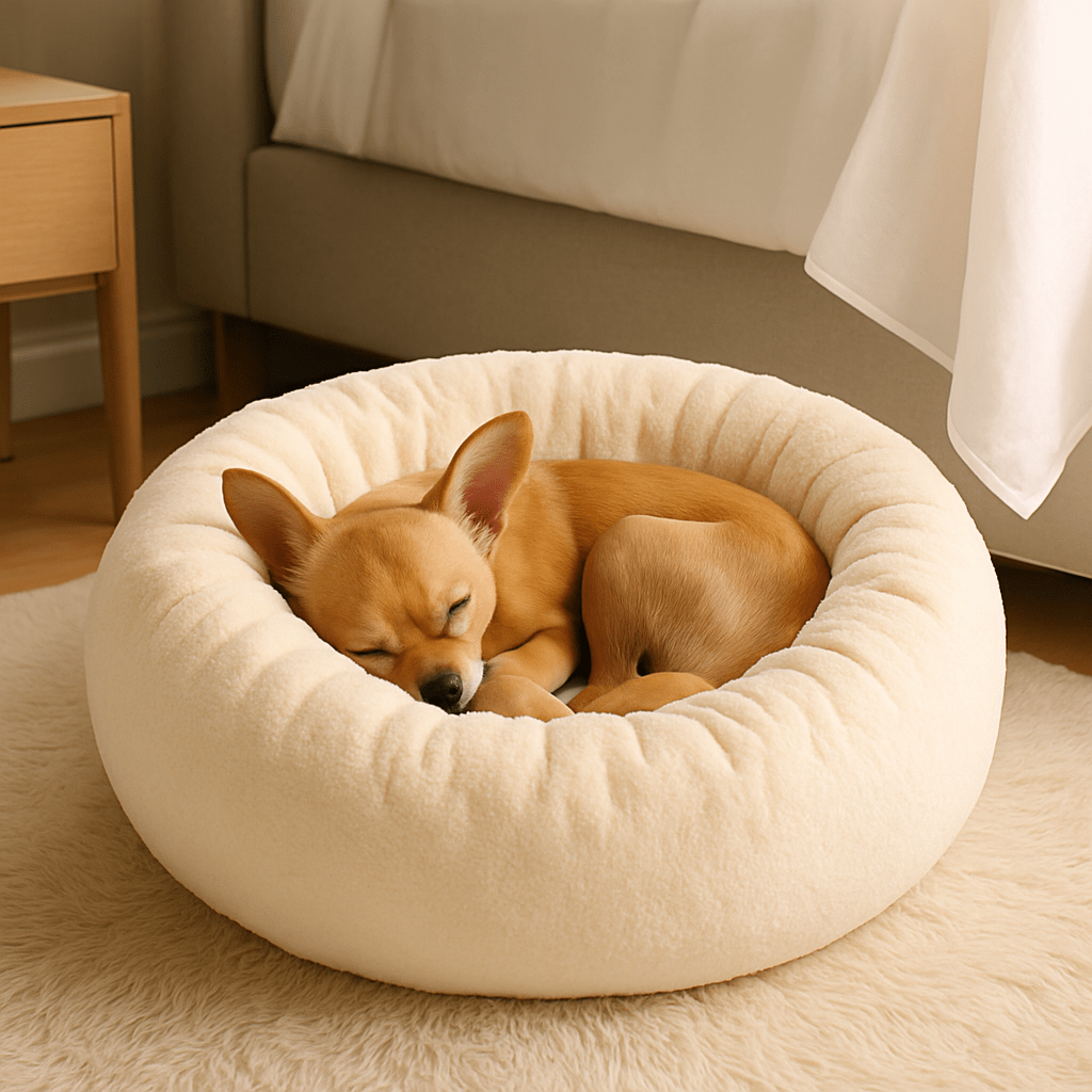 Coussin-pour-chien-chiot-chaud-lavable en machine-velours et rembourrage 100% coton haute densité ergonomique-antidérapant et imperméable-hypoallergénique-lit rond pour petit chien de 0 à 9 kg-un chien de race toy qui dort paisiblement couché en boule dans son coussin beige épais avec rebord surélevé aux matériaux naturels dans le salon de l'appartement