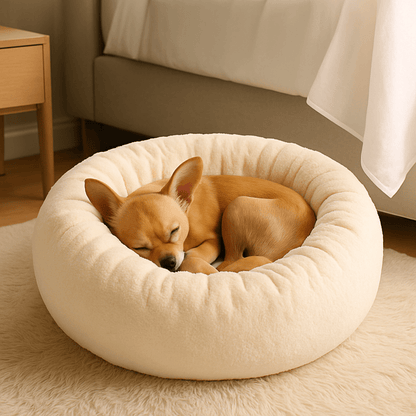 Coussin-pour-chien-chiot-chaud-lavable en machine-velours et rembourrage 100% coton haute densité ergonomique-antidérapant et imperméable-hypoallergénique-lit rond pour petit chien de 0 à 9 kg-un chien de race toy qui dort paisiblement couché en boule dans son coussin beige épais avec rebord surélevé aux matériaux naturels dans le salon de l'appartement