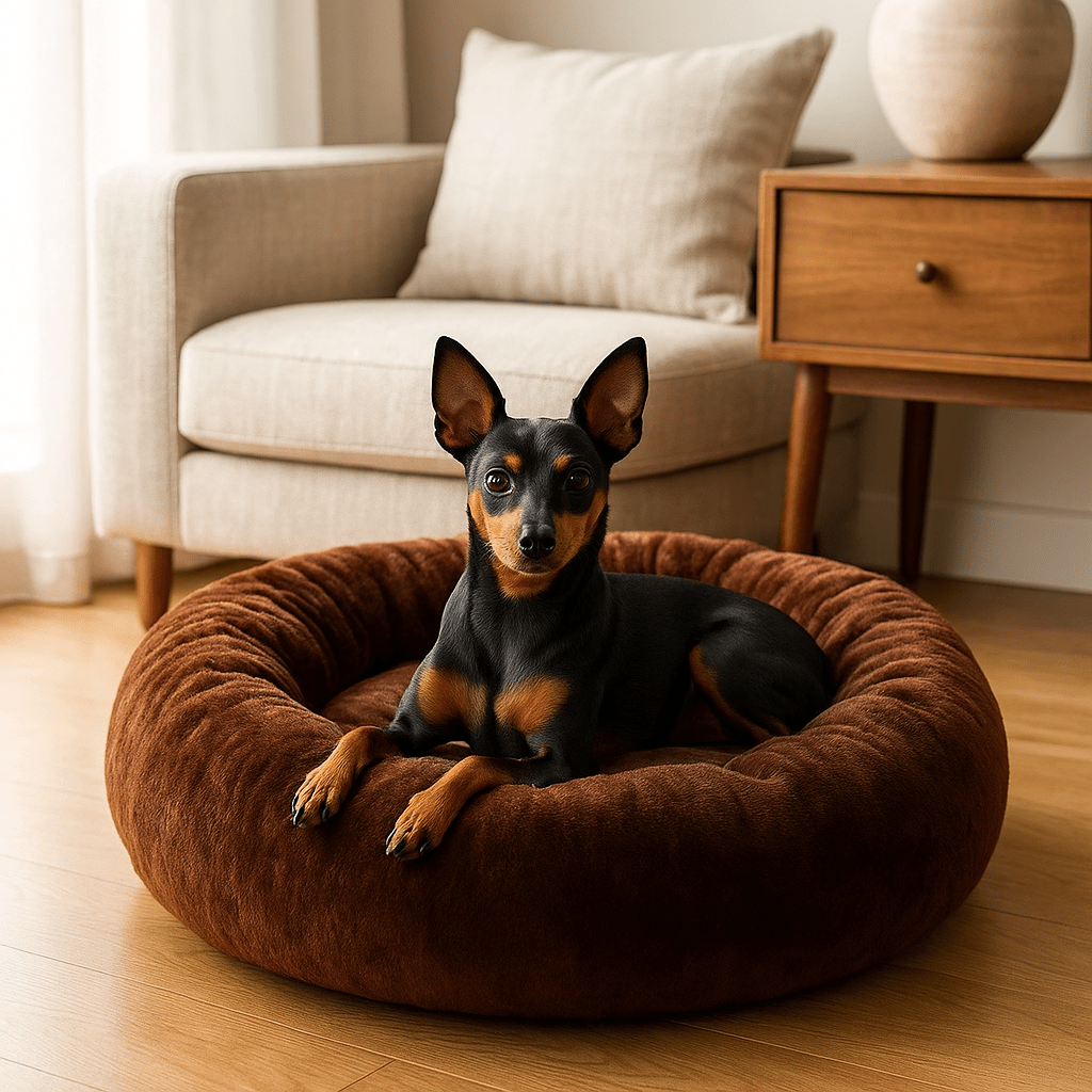 Coussin-pour-chien-chiot-chaud-lavable en machine-velours et rembourrage 100% coton haute densité ergonomique-antidérapant et imperméable-hypoallergénique-lit rond pour petit chien de 0 à 9 kg-un chien de race nain couché confortablement dans son coussin marron épais avec rebord surélevé aux matériaux naturels dans le salon de la maison