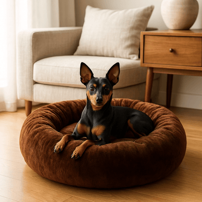 Coussin-pour-chien-chiot-chaud-lavable en machine-velours et rembourrage 100% coton haute densité ergonomique-antidérapant et imperméable-hypoallergénique-lit rond pour petit chien de 0 à 9 kg-un chien de race nain couché confortablement dans son coussin marron épais avec rebord surélevé aux matériaux naturels dans le salon de la maison