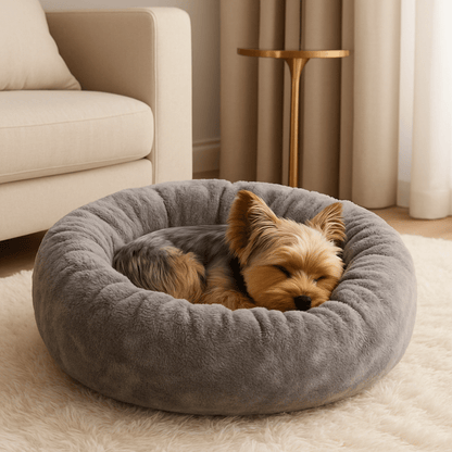 Coussin-pour-chien-chiot-chaud-lavable en machine-velours et rembourrage 100% coton haute densité ergonomique-antidérapant et imperméable-hypoallergénique-lit rond pour petit chien de 0 à 9 kg-un petit chien qui dort paisiblement couché en boule dans son coussin taille S gris épais avec rebord surélevé aux matériaux naturels dans le salon de l'appartement