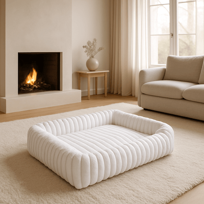 Coussin-pour-chien-anti-stress-velours-rembourrage 100% coton PP-avec rebord surélevé 360° entourant-apaisant-chaud-moelleux-ergonomique-déhoussable et lavable en machine-fond imperméable et antidérapant pour chien de petite à moyenne taille de 0 à 25 kg-panier rectangulaire ultra-doux hypoallergénique et écoresponsable de couleur blanc