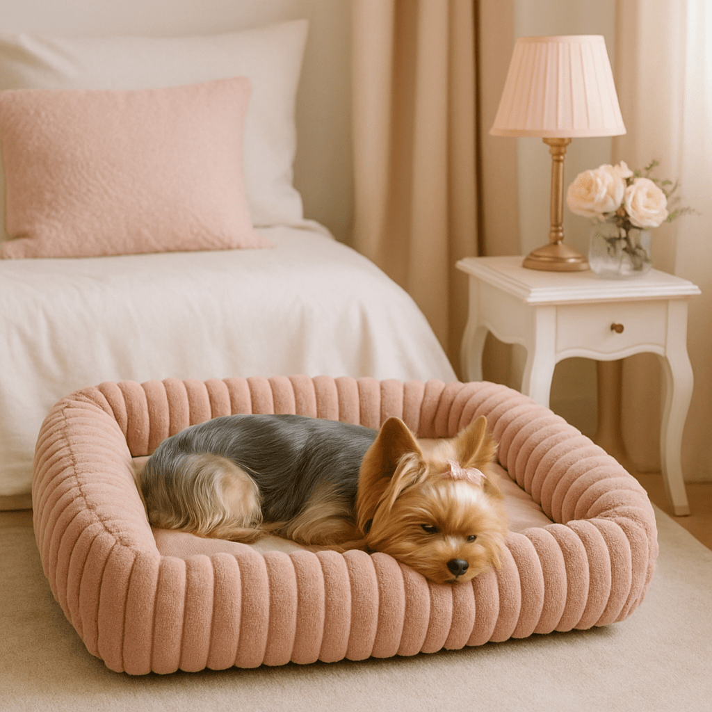 Coussin-pour-chien-anti-stress-velours-rembourrage 100% coton PP-avec rebord surélevé 360° entourant-apaisant-chaud-moelleux-ergonomique-déhoussable et lavable en machine-fond imperméable et antidérapant pour chien de petite à moyenne taille de 0 à 25 kg-un petit chien couché qui dort paisiblement dans le panier rectangulaire ultra-doux hypoallergénique et écoresponsable dans la chambre de la maison