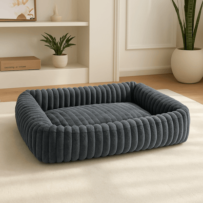 Coussin-pour-chien-anti-stress-velours-rembourrage 100% coton PP-avec rebord surélevé 360° entourant-apaisant-chaud-moelleux-ergonomique-déhoussable et lavable en machine-fond imperméable et antidérapant pour chien de petite à moyenne taille de 0 à 25 kg-un panier rectangulaire gris ultra-doux hypoallergénique et écoresponsable 