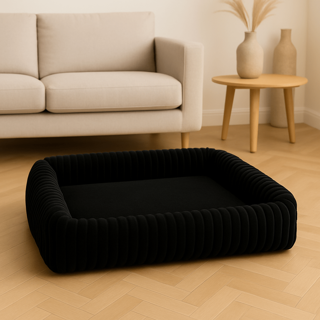 Coussin-pour-chien-anti-stress-velours-rembourrage 100% coton PP-avec rebord surélevé 360° entourant-apaisant-chaud-moelleux-ergonomique-déhoussable et lavable en machine-fond imperméable et antidérapant pour chien de petite à moyenne taille de 0 à 25 kg-un panier rectangulaire noir ultra-doux hypoallergénique et écoresponsable 