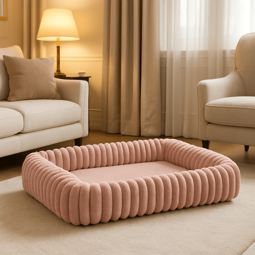 Coussin-pour-chien-anti-stress-velours-rembourrage 100% coton PP-avec rebord surélevé 360° entourant-apaisant-chaud-moelleux-ergonomique-déhoussable et lavable en machine-fond imperméable et antidérapant pour chien de petite à moyenne taille de 0 à 25 kg-un panier rectangulaire ultra-doux hypoallergénique et écoresponsable de couleur rose