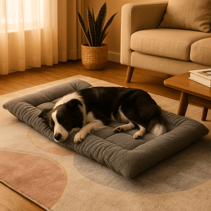 Coussin-pour-chien-réversible-tapis-matelas-pour chien xxl-double-face hiver en polaire et face été en tissu résistant aux griffes, lavable en machine-polyvalent, lit, cage de transport, panier, voiture-un Border Collie qui dort paisiblement sur son lit rembourré 100% coton haute densité sur le sol du salon de la maison