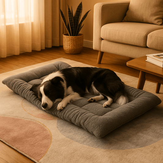 Coussin-pour-chien-réversible-tapis-matelas-pour chien xxl-double-face hiver en polaire et face été en tissu résistant aux griffes, lavable en machine-polyvalent, lit, cage de transport, panier, voiture-un Border Collie qui dort paisiblement sur son lit rembourré 100% coton haute densité sur le sol du salon de la maison