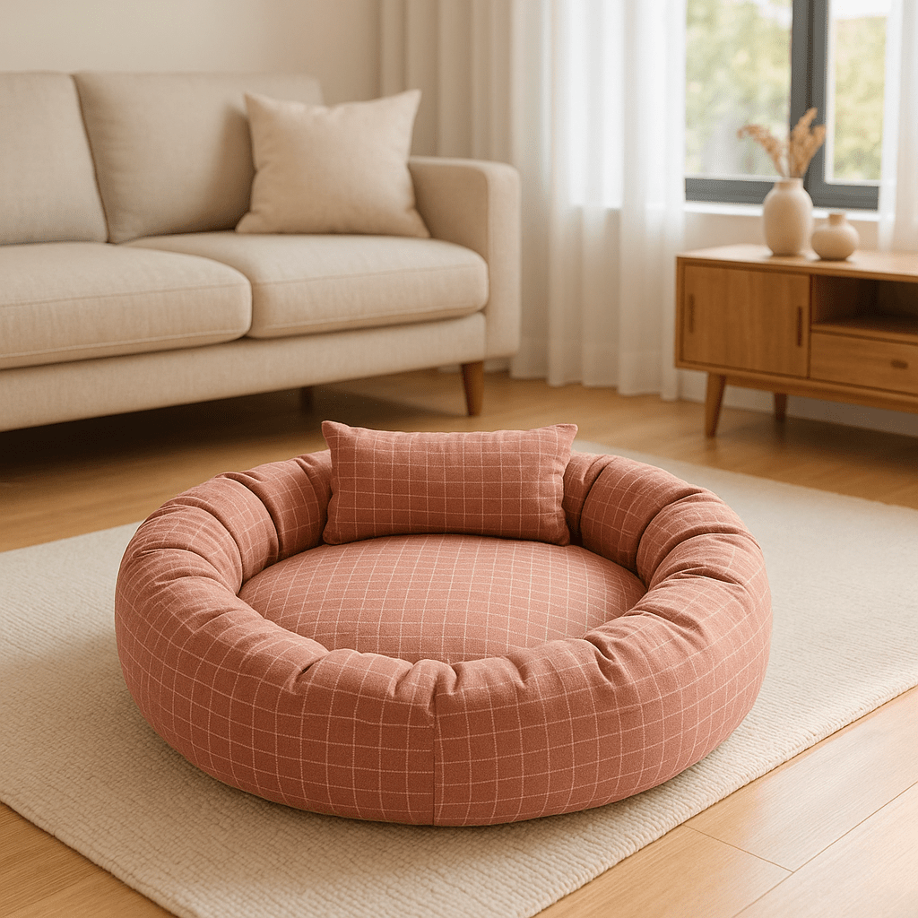 Coussin-pour-chien-avec-rebord 360° protecteur anti-stress-rond et rembourré 100% coton haute densité-housse en coton écologique et respirant-pour chien de petite à moyenne taille de 0 à 12 kg-lavable en machine-imperméable et antidérapant-de couleur rouge avec carreaux graphique discret blanc-compact léger et transportable