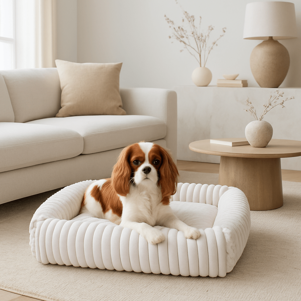 Coussin-pour-chien-anti-stress-velours-rembourrage 100% coton PP-avec rebord surélevé 360° entourant-apaisant-chaud-moelleux-ergonomique-déhoussable et lavable en machine-fond imperméable et antidérapant pour chien de petite à moyenne taille de 0 à 25 kg-un chien de taille moyenne couché confortablement dans le coussin en forme de panier rectangulaire ultra-doux hypoallergénique et écoresponsable dans le salon de l'appartement