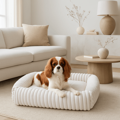Coussin-pour-chien-anti-stress-velours-rembourrage 100% coton PP-avec rebord surélevé 360° entourant-apaisant-chaud-moelleux-ergonomique-déhoussable et lavable en machine-fond imperméable et antidérapant pour chien de petite à moyenne taille de 0 à 25 kg-un chien de taille moyenne couché confortablement dans le coussin en forme de panier rectangulaire ultra-doux hypoallergénique et écoresponsable dans le salon de l'appartement
