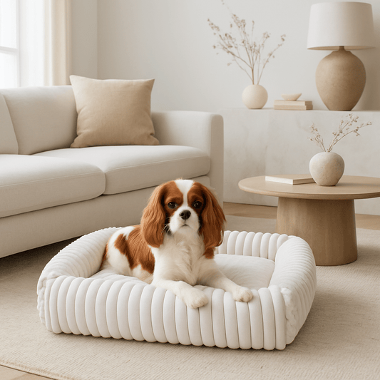 Coussin-pour-chien-anti-stress-velours-rembourrage 100% coton PP-avec rebord surélevé 360° entourant-apaisant-chaud-moelleux-ergonomique-déhoussable et lavable en machine-fond imperméable et antidérapant pour chien de petite à moyenne taille de 0 à 25 kg-un chien de taille moyenne couché confortablement dans le coussin en forme de panier rectangulaire ultra-doux hypoallergénique et écoresponsable dans le salon de l'appartement