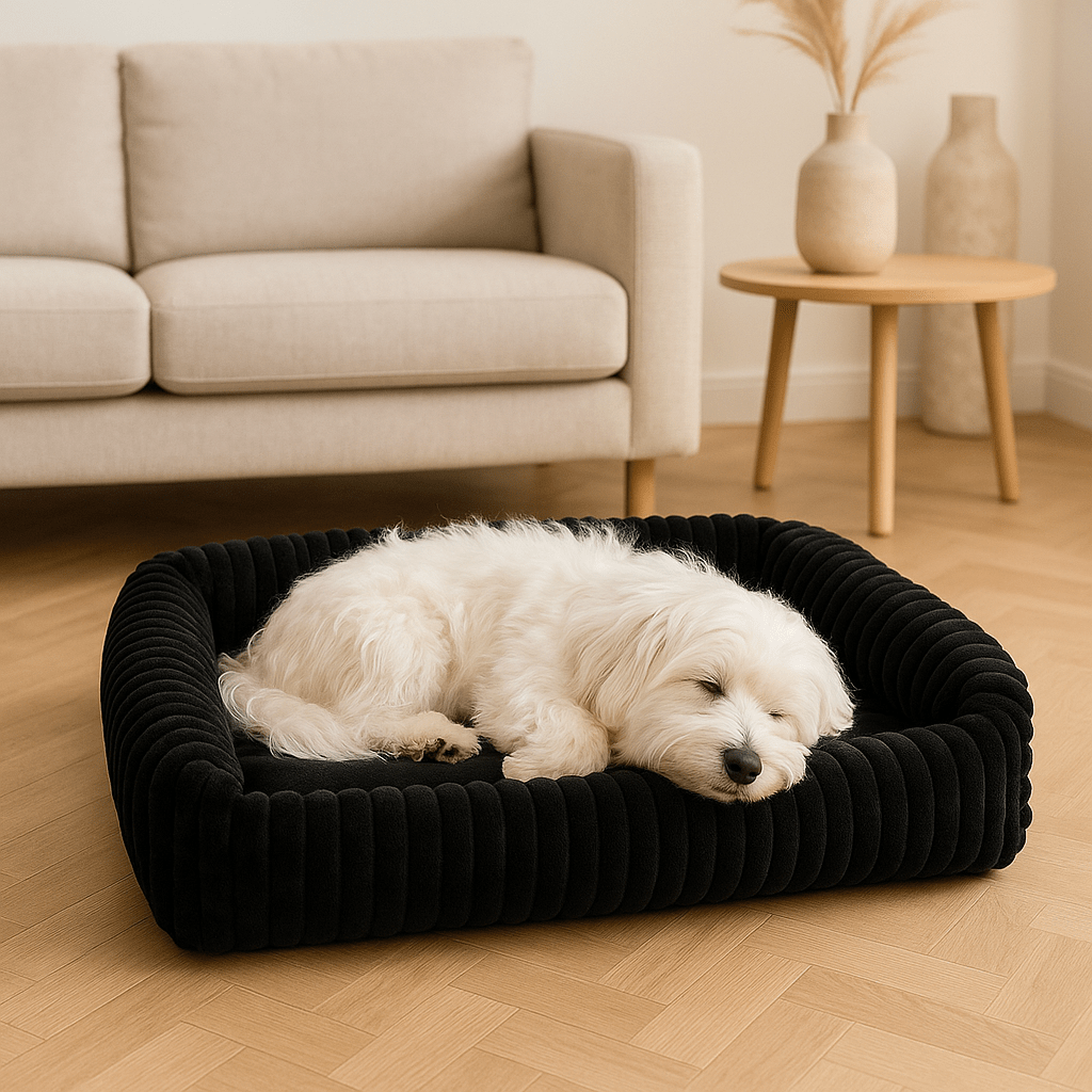 Coussin-pour-chien-anti-stress-velours-rembourrage 100% coton PP-avec rebord surélevé 360° entourant-apaisant-chaud-moelleux-ergonomique-déhoussable et lavable en machine-fond imperméable et antidérapant pour chien de petite à moyenne taille de 0 à 25 kg-un petit chien qui dort paisiblement dans le coussin en forme de panier rectangulaire ultra-doux hypoallergénique et écoresponsable dans le salon de la maison