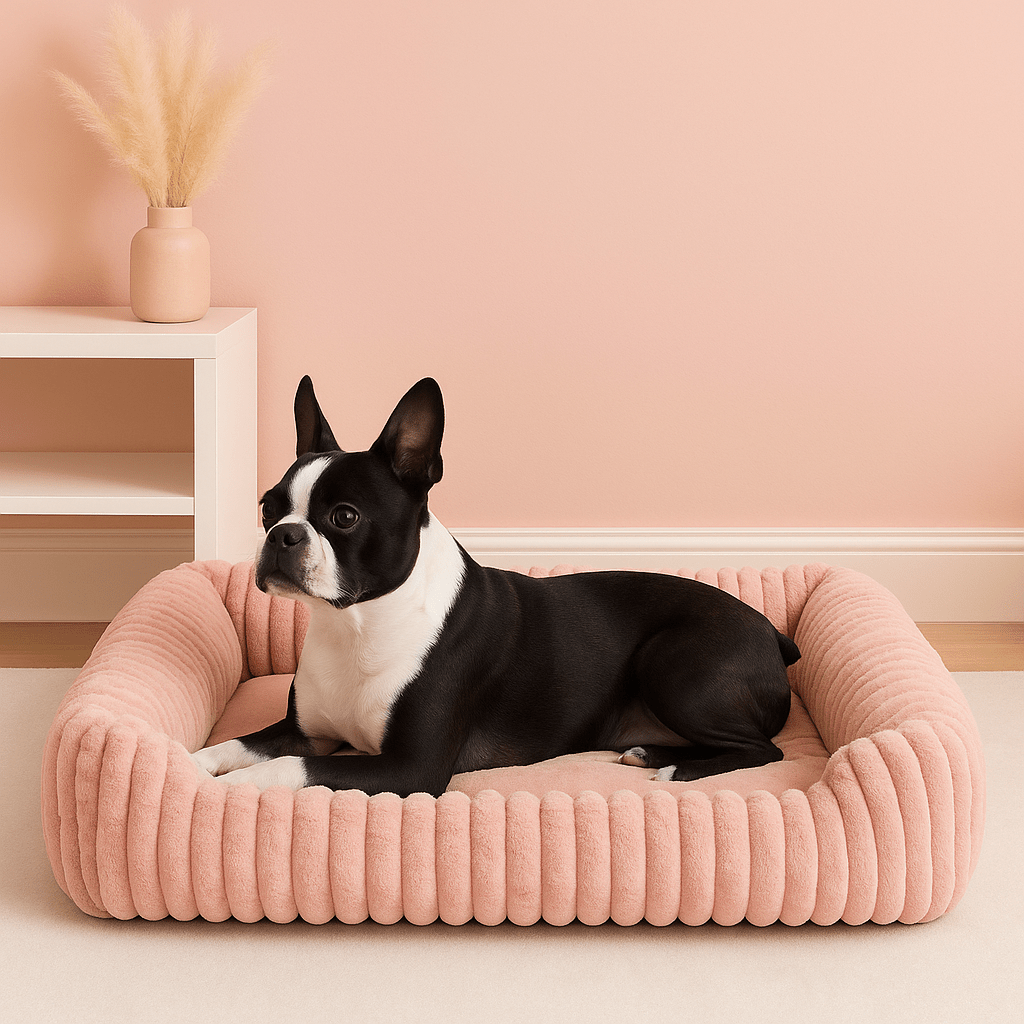 Coussin-pour-chien-anti-stress-velours-rembourrage 100% coton PP-avec rebord surélevé 360° entourant-apaisant-chaud-moelleux-ergonomique-déhoussable et lavable en machine-fond imperméable et antidérapant pour chien de petite à moyenne taille de 0 à 25 kg-un chien couché confortablement dans le coussin rose en forme de panier rectangulaire ultra-doux hypoallergénique et écoresponsable dans la chambre de la maison