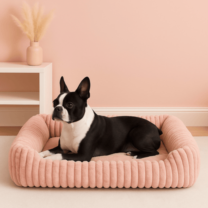 Coussin-pour-chien-anti-stress-velours-rembourrage 100% coton PP-avec rebord surélevé 360° entourant-apaisant-chaud-moelleux-ergonomique-déhoussable et lavable en machine-fond imperméable et antidérapant pour chien de petite à moyenne taille de 0 à 25 kg-un chien couché confortablement dans le coussin rose en forme de panier rectangulaire ultra-doux hypoallergénique et écoresponsable dans la chambre de la maison